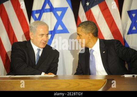 Der US-Präsident Barack Obama trifft am 21. September 2011 den israelischen Ministerpräsidenten Benjamin Netanjahu im UN-Hauptquartier in New York City. Foto von Aaron Showalter/ABACAPRESS.COM Stockfoto