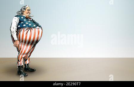 Illustration von Onkel Sam als ein großer, fetter Mann, stehend Seitenwege, trägt seine traditionelle Sterne und Streifen Outfit. Geändertes Bild eines öffentlichen Domai Stockfoto