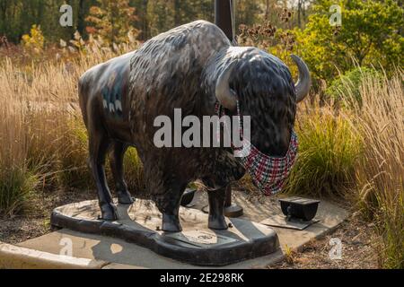 Indiana Dunes National Park, USA: 10. Oktober 2020: Bison Statue mit Maske außerhalb Besucherzentrum erinnert Reisende an die Öffentlichkeit beitragen Stockfoto