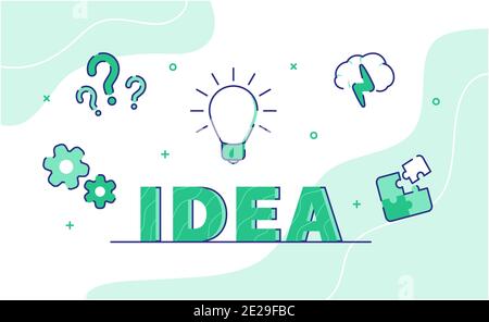 Idee Typografie Wort Kunst Hintergrund der Ikone Zahnrad Frage Marker Birne Lampe Gehirn Blitz Puzzle mit Umriss Stil Vektor-Design Abbildung Stockfoto