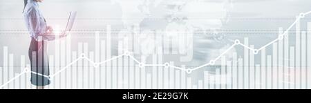 Double Exposure globalen Weltkarte auf Unternehmen finanzielle Börsenhandel Hintergrund Stockfoto