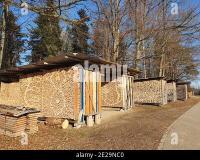 Nahaufnahme von voll gestapelten Holzschuppen in einem Park Stockfoto