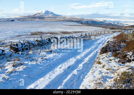 Eine verschneite Strecke auf dem östlichen Lomond Hügel mit Blick auf West Lomond Hill, Fife, Schottland. Stockfoto