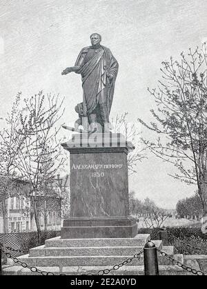 Denkmal für den russischen Kaiser Alexander I. in Taganrog. Stich aus dem 19. Jahrhundert. Stockfoto