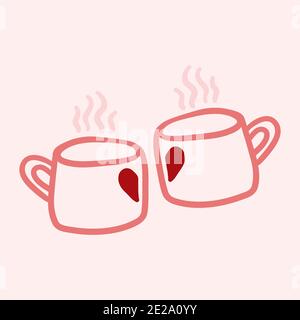Valentinstag Thema Doodle Symbol von Hand gezeichnet zwei Tassen Von Tee Kaffee mit Herzform isoliert auf einem Rosa Stockfoto