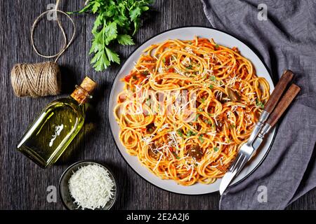 Spaghetti alla norma, klassische Pasta-Gericht aus sautierten Auberginen mit Tomatensauce geworfen und gekrönt mit zerfetzten Parmesan serviert auf einem Teller, italienische cui Stockfoto