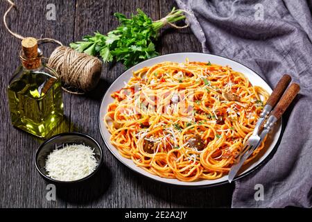 Pasta alla norma, sizilianische Pasta Gericht sautierten Auberginen mit Tomatensauce geworfen und gekrönt mit zerfetzten Parmesan serviert auf einem Teller, italienische Küche Stockfoto