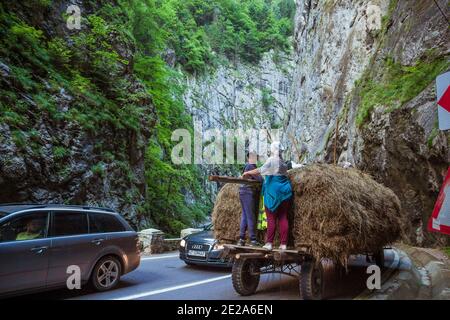 Heuwagen durch den Bicaz Canyon in Rumänien. Stockfoto