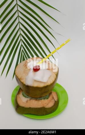 Kokosmilch Shake präsentiert in geschnittener grüner Kokosnuss. Kokosnussbaum-Zweig im Hintergrund, Draufsicht, Studioaufnahme Stockfoto