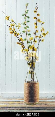 Blumenstrauß aus blühende Zweige der Weide und hartriegel in einer Vase auf dem Tisch auf einem weißen Holz- Hintergrund Stockfoto