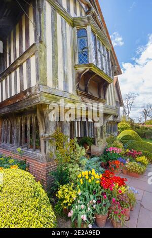 Farbenfrohe Blumentöpfe an der Eingangshalle von Great Dixter, ein Landhaus von Edwin Lutyens und Garten von Christopher Lloyd, Northiam, East Sussex Stockfoto