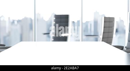 Weiße Tischplatte und verschwommenes Büro im Hintergrund 3d Darstellung rendern Stockfoto