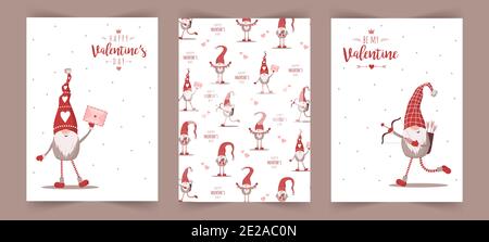 Happy Valentine Day Karten mit niedlichen nordischen Gnomen in roten Hüten mit Bogen und Cupids Pfeile. Mail mit Liebe Nachricht. Vektorgrafik im Cartoon-Stil Stock Vektor