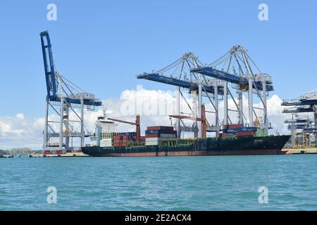 AUCKLAND, NEUSEELAND - 03. Jan 2021: Blick auf das Nefeli-Containerschiff in den Häfen von Auckland Stockfoto