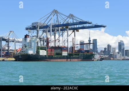 AUCKLAND, NEUSEELAND - 03. Jan 2021: Blick auf das Nefeli-Containerschiff in den Häfen von Auckland Stockfoto