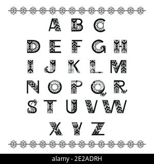 Alphabet im Tribal-Stil. Ethnische Zierschrift. Vektorgrafik. Stock Vektor