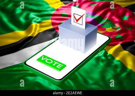 3d-Illustration einer Wahlbox mit einer Plakatwand auf einem Smartphone, mit der Nationalflagge von Dominica im Hintergrund. Konzept der Online-Abstimmung Stockfoto