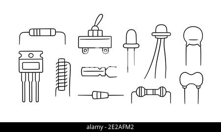 Elektrische Komponenten. Satz Diode, Transistorkondensator, Widerstand, Induktivität Stock Vektor