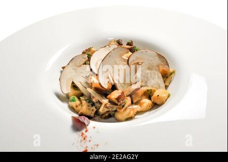 Gnocchi mit Steinpilzsauce in weißem Teller mit schönen Schnittscheiben von Pilzen Stockfoto