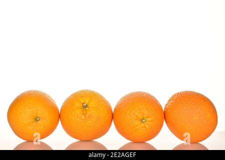 Vier reife Bio saftige süße gesunde Orangen auf weißem Hintergrund. Stockfoto