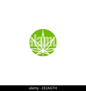 Grüner Hanf oder Cannabisblatt im Kreis isoliert auf weiß. CBD-Öl, Cannabidiol, Marihuana medizinisches Zeichen. Eco Industry-Logo. Vektorgrafik. Stock Vektor
