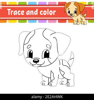 Trace und Farbe. Hundetier. Malvorlagen für Kinder. Handschriftverfahren. Arbeitsblatt zur Entwicklung von Schulungen. Aktivitätsseite. Spiel für Kleinkinder. Isoliert Stock Vektor