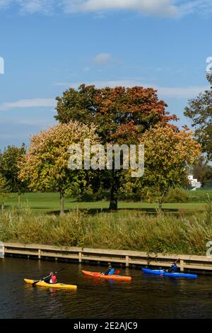 Männer Kajakfahren (mit Rettungswesten oder PFDs) in Booten (Sit-in K1 Kajaks) Paddeln auf malerischen Fluss Ouse im Herbst Sonnenschein - York, Yorkshire, England. Stockfoto