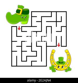 Quadratisches Labyrinth. Spiel für Kinder. Stiefel und Hufeisen. Puzzle für Kinder. Labyrinth-Rätsel. Farbvektordarstellung. Isolierte Vektordarstellung. Auto Stock Vektor