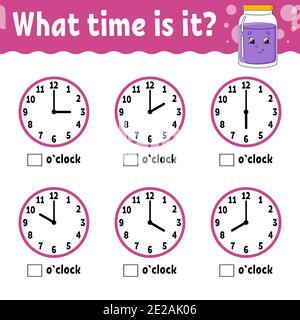 Lernzeit auf der Uhr. Arbeitsblatt für pädagogische Aktivitäten für Kinder und Kleinkinder. Spiel für Kinder. Einfache flache isolierte Farbvektordarstellung in Stock Vektor