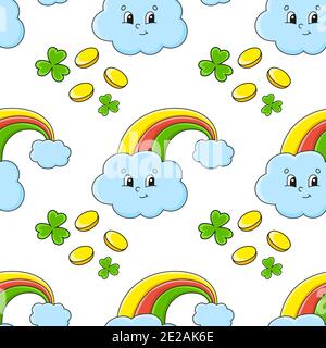 Farbe Nahtloses Muster. Magischer Regenbogen. St. Patrick's Day. Cartoon-Stil. Von Hand gezeichnet. Vektorgrafik isoliert auf weißem Hintergrund. Stock Vektor