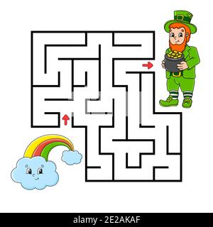 Quadratisches Labyrinth. Spiel für Kinder. Kobold und Regenbogen. Puzzle für Kinder. Labyrinth-Rätsel. Farbvektordarstellung. Isolierte Vektordarstellung. Stock Vektor