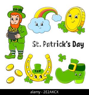 Set von Farbaufklebern für Kinder. Kobold mit einem Topf aus Gold, Stiefel, Goldmünze, Klee, magischer Regenbogen, Hufeisen. St. Patrick's Day. Zeichentrickfigur Stock Vektor