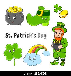 Set von Farbaufklebern für Kinder. Kobold mit einem Topf aus Gold, Stiefel, Goldmünze, Klee, magischer Regenbogen. St. Patrick's Day. Zeichentrickfiguren. Schwarze st Stock Vektor