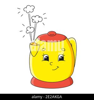 Wasserkocher. Niedlicher Charakter. Farbenfrohe Vektorgrafik. Cartoon-Stil. Isoliert auf weißem Hintergrund. Designelement. Vorlage für Ihr Design, b Stock Vektor