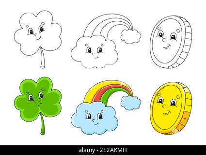 Malseite für Kinder festlegen. St. Patrick's Day. Kleeblatt. Magischer Regenbogen. Goldmünze. Niedliche Comic-Figuren. Schwarzer Strich. Vektorgrafik. Stock Vektor