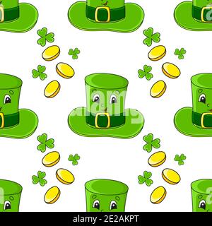 Farbe Nahtloses Muster. Leprechaun Hut. St. Patrick's Day. Cartoon-Stil. Von Hand gezeichnet. Vektorgrafik isoliert auf weißem Hintergrund. Stock Vektor