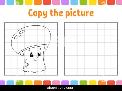 Kopieren Sie das Bild. Malbuch Seiten für Kinder. Arbeitsblatt zur Entwicklung von Schulungen. Champignon. Handschriftverfahren. Witziger Charakter. Niedliches carto Stock Vektor
