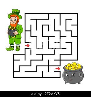 Quadratisches Labyrinth. Spiel für Kinder. Kobold und Topf. Puzzle für Kinder. Labyrinth-Rätsel. Farbvektordarstellung. Isolierte Vektordarstellung. Auto Stock Vektor