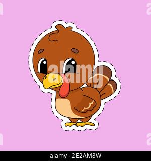Aufkleber mit Kontur. Putenvogel. Zeichentrickfigur. Farbenfrohe Vektorgrafik. Auf farbigem Hintergrund isoliert. Vorlage für Ihr Design. Stock Vektor