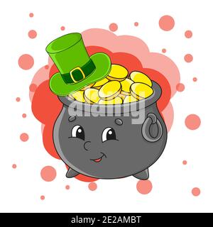 Topf mit Gold im Hut. Farbenfrohe Vektorgrafik. Isoliert auf abstraktem Hintergrund. Designelement. Zeichentrickfigur. St. Patrick's Day. Stock Vektor