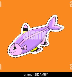 Aufkleber mit Kontur. Fisch. Zeichentrickfigur. Farbenfrohe Vektorgrafik. Auf farbigem Hintergrund isoliert. Vorlage für Ihr Design. Stock Vektor