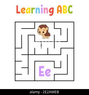 Quadratisches Labyrinth. Spiel für Kinder. Quadrate Labyrinth. Arbeitsblatt zum Bildungswesen. Igel Tier. Aktivitätsseite. Englisch lernen Alphabet. Cartoon-Stil. Finden Sie Th Stock Vektor