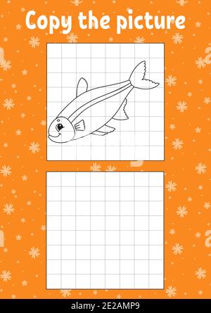 Kopieren Sie das Bild. Fisch. Malbuch Seiten für Kinder. Arbeitsblatt zur Entwicklung von Schulungen. Spiel für Kinder. Handschriftverfahren. Witziger Charakter. Carto Stock Vektor
