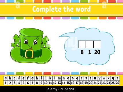 Vervollständigen Sie die Worte. Chiffriercode. Leprechaun Hut. Vokabeln und Zahlen lernen. Arbeitsblatt zum Bildungswesen. Aktivitätsseite für die Studie Englisch. Isolierter vecto Stock Vektor