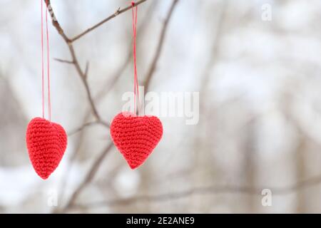 Liebe Herzen hängen auf einem Baum Ast auf weißem schneebedeckten Hintergrund. Zwei rote gestrickte Valentines Symbole im Winterwald, Hintergrund für Urlaub Stockfoto