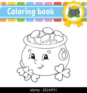 Bild für Kinder. Fröhlicher Charakter. Topf mit Gold. Vektorgrafik. Niedlicher Cartoon-Stil. St. Patrick's Day. Schwarze Kontur Silhouette. Isolieren Stock Vektor