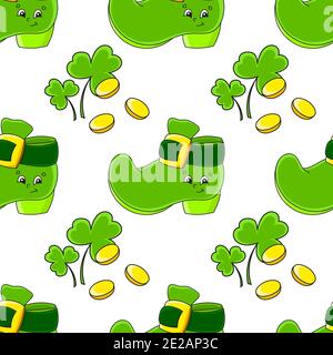 Farbe Nahtloses Muster. Leprechaun Boot. St. Patrick's Day. Cartoon-Stil. Von Hand gezeichnet. Vektorgrafik isoliert auf weißem Hintergrund. Stock Vektor