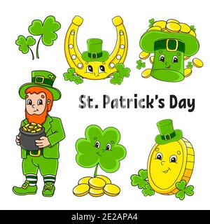 Set von Farbaufklebern für Kinder. Leprechaun mit einem Topf Gold, Goldmünze, grünem Klee, Hut, goldenem Hufeisen. St. Patrick's Day. Zeichentrickfiguren. Stock Vektor