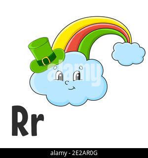 Alphabet Buchstabe R. Regenbogen in Hut. ABC-Flash-Karten. Cartoon niedlichen Charakter auf weißem Hintergrund isoliert. Für Kindererziehung. Arbeitsblatt zur Entwicklung. Lea Stock Vektor