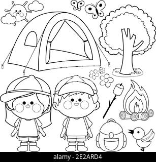 Glückliche Kinder auf einem Campingplatz. Vektor schwarz und weiß Malseite Stock Vektor
